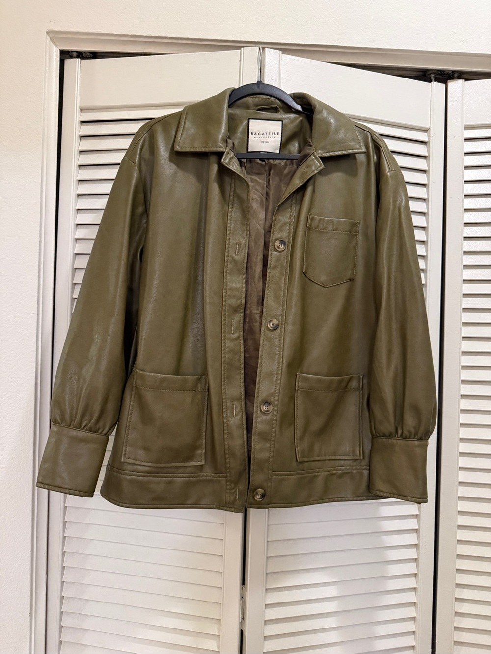 bagatelle Olive Green Leather Shirt Jacket with Patch Pockets